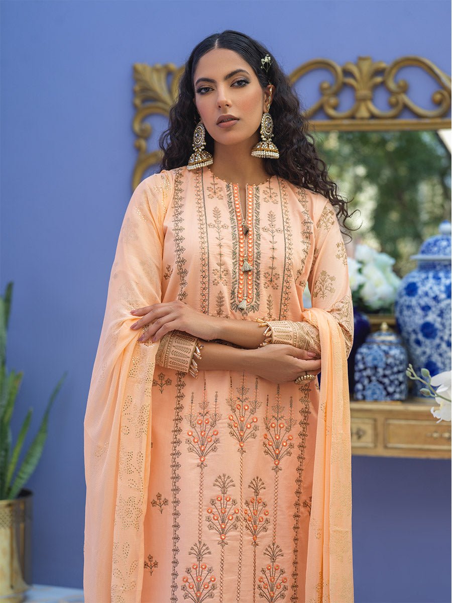 1 & Get 1 Free - Unstitched 3pc - Embroidered Lawn Suit With Mukesh Chiffon Dupatta - Oznur Vol.2 DOS303