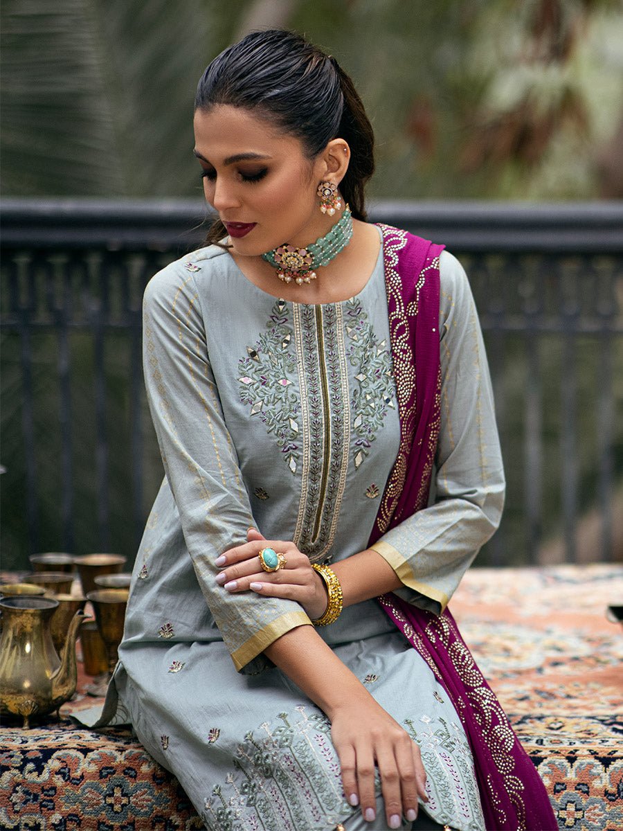1 & Get 1 Free - Unstitched 3pc - Heavy Embroidered Shirt Front with Lawn Printed Back & Sleeves With Mukesh Chiffon Dupatta & Dyed Cambric Trouser- Oznur Mukesh DOS305
