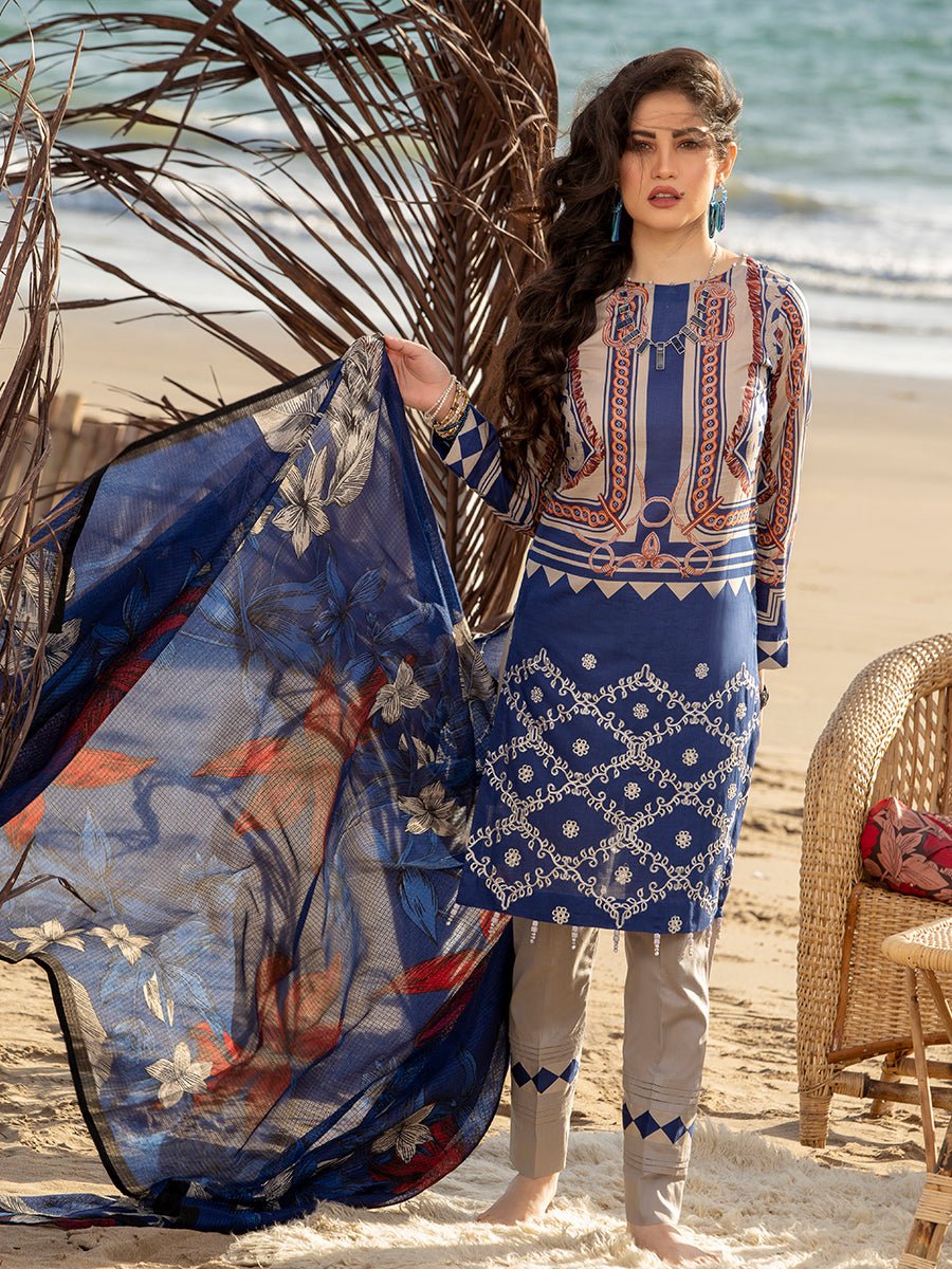 1 & Get 1 Free - Unstitched 3pc Printed Embroidered Lawn Shirt with Chiffon Printed Dupatta DOS307
