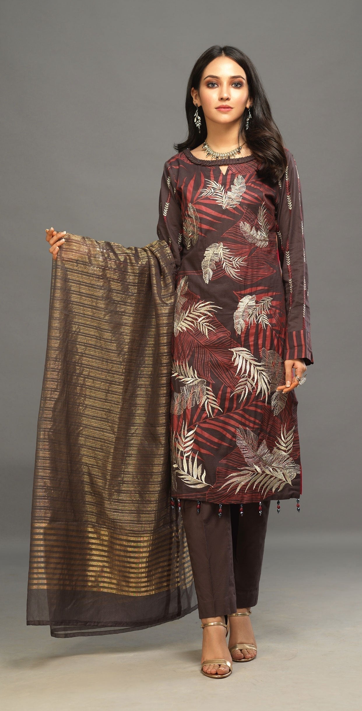 1 & Get 1 Free - Unstitched 3pc Printed Embroidered Lawn Shirt with Organza Lines Dupatta - Shades DOS309