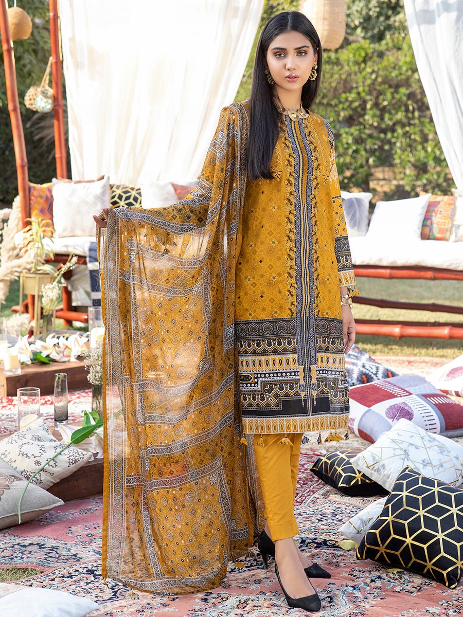 1 & Get 1 Free - Unstitched 3pc Printed Embroidered Lawn Shirt with Printed Chiffon Dupatta & Dyed Cambric Trouser - Z'ure DOS310