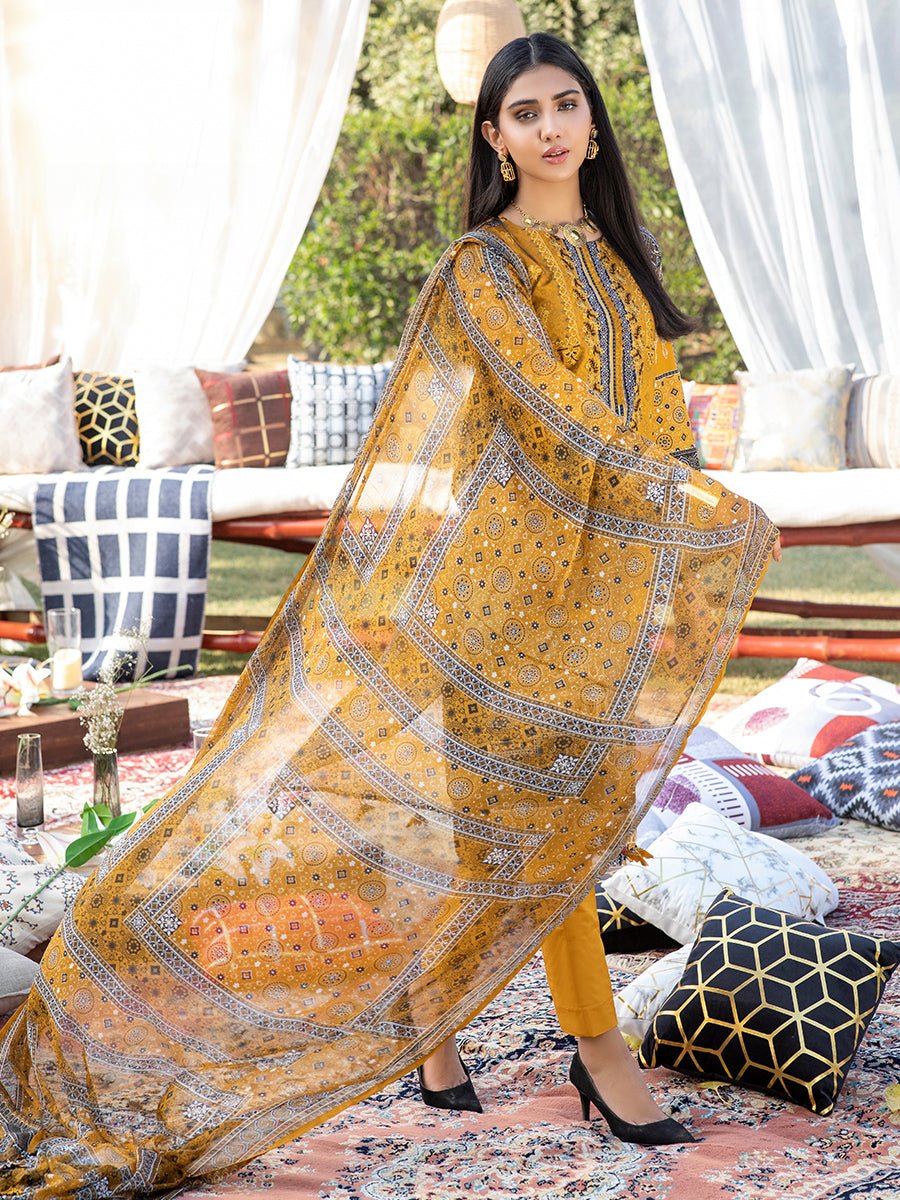 1 & Get 1 Free - Unstitched 3pc Printed Embroidered Lawn Shirt with Printed Chiffon Dupatta & Dyed Cambric Trouser - Z'ure DOS310